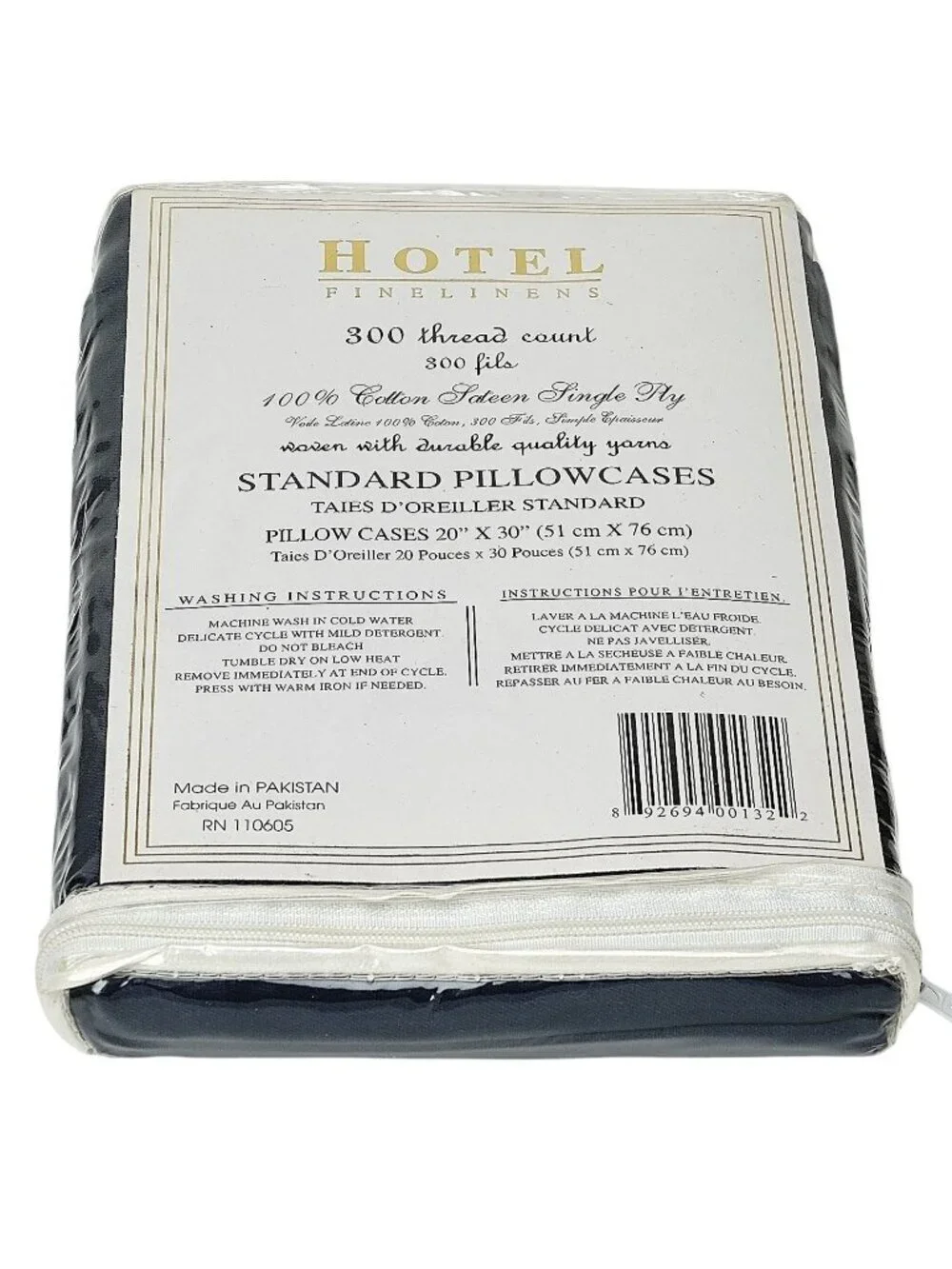 Hotel Fine Linens Pair of Pillowcases Navy Blue 100% Cotton Sateen NWT